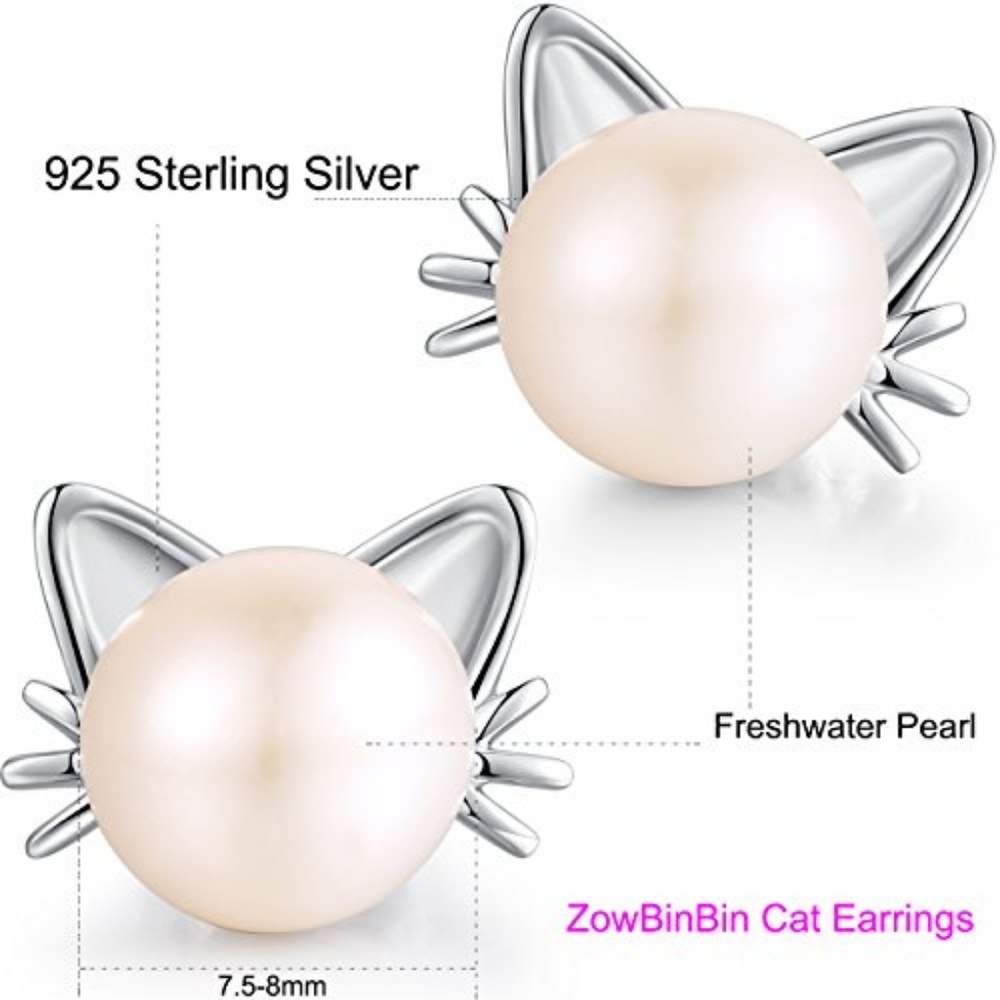 Cat Pearl Earrings Stud - Picture 3 of 4